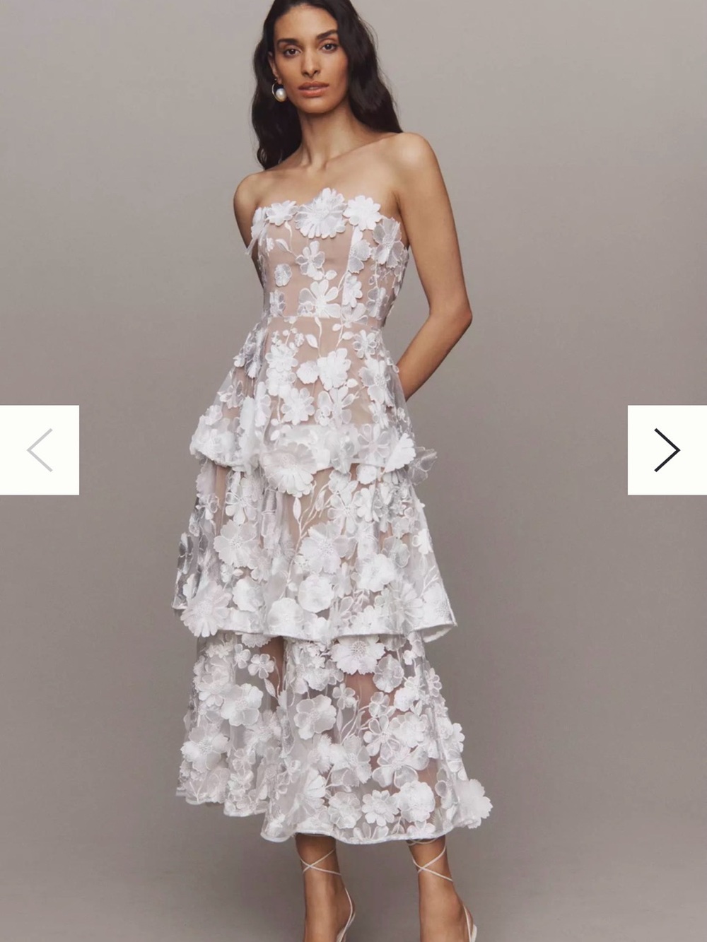 Elliot Anthropologie Strapless White Floral Appliqué Tiered Midi Dress